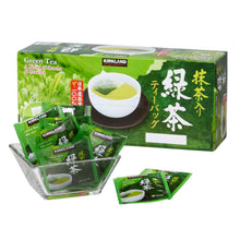Green tea blend carton with tea bags in a clear holder and loose packets