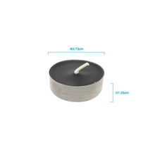 Black unscented tealight candle in metal cup with white wick