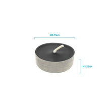Single unscented tealight candle, dark round wax with short wick; 1.46 in dia