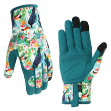 Floral gardening gloves with teal palms, multicolor flower print, black fingertip tips