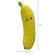 Yellow jumbo banana plush with green stem, 43 in tall and 13 in wide