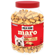 Dog treat jar filled with bone-shaped marrow snacks, red label and beige treats