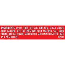 Ingredients panel listing wheat flour, beef and bone meal, sugar, and bone marrow