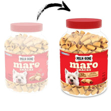 Dog treat jars of marrow snacks with bone-shaped treats, red and pale pink labels