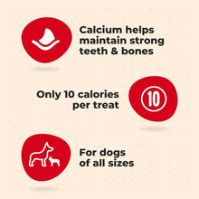Dog treat info panel with calcium icon, 10 calories, and for dogs of all sizes