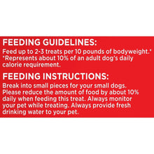 Dog treat feeding instructions panel with serving and water guidance