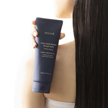 treecell Collagen Boost Scalp Pack tube held near shoulder-length hair