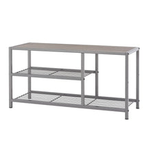 Shoe bench with boot storage, gray metal frame and wood-look top with two slatted shelves