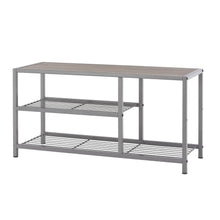 Shoe bench with gray metal frame and two open storage shelves