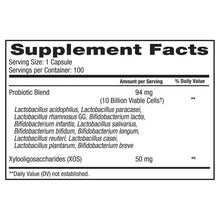 Supplement Facts panel with probiotic blend ingredients and serving size 1 capsule