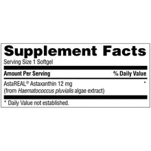 Supplement Facts label: AstaREAL astaxanthin 12 mg per 1 softgel