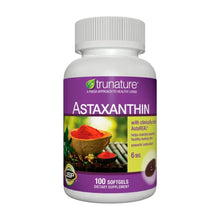 trunature Astaxanthin supplement bottle, 6 mg and 100 softgels on front label