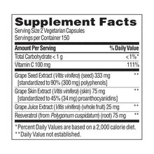 Supplement Facts panel for grape seed & resveratrol, serving size 2 vegetarian capsules