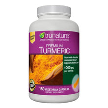 Turmeric supplement bottle with front label, premium turmeric, and 180 vegetarian capsules.