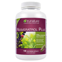 Resveratrol Plus supplement bottle, white with purple label, 140 vegetarian capsules
