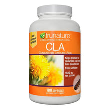 CLA dietary supplement bottle with orange label, 180 softgels, white cap