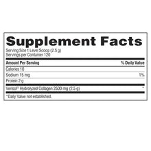 Supplement Facts panel with serving size 1 level scoop (2.5 g) and collagen 2500 mg
