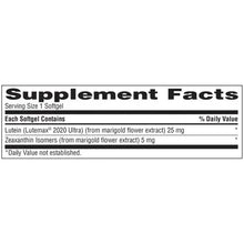 Supplement Facts panel for lutein and zeaxanthin softgels, serving 1 softgel