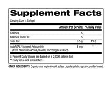 Astaxanthin supplement facts panel showing 6 mg per serving