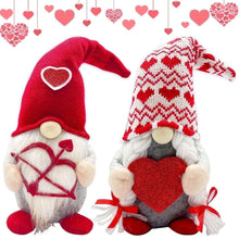 Valentine plush gnomes set: red-hat gnome with heart, plus striped-knit hat heart gnome