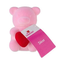 Pink flocked bear tabletop decoration with red heart and hanging tag
