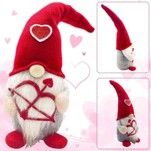 Valentine plush gnome with red hat and heart badge, shown with side and full views