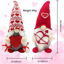 Valentine plush gnomes with striped and red knit hats, heart fronts, with size markers