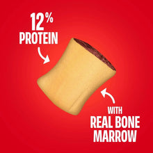 Dog treat label graphic showing 12% protein and real bone marrow