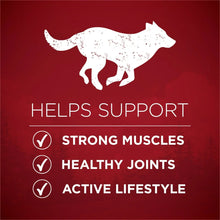 Dry dog food bag benefits panel with dog icon and support for muscles and joints