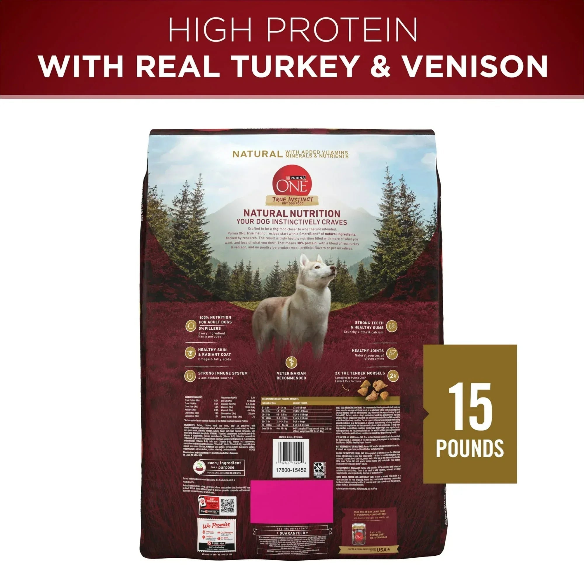 Purina One True Instinct Dry Dog Food for Adult Dogs, High Protein Real Turkey & Venison, 15 lb Bag