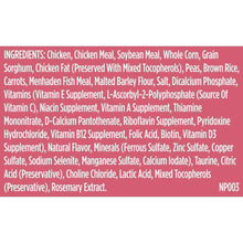 Nutrish ingredients list panel with chicken, grains, peas, carrots, and minerals