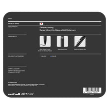 Uniball 207 Plus+ pen box back with color options: black and blue