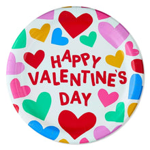 9-inch disposable paper plate with multicolor hearts and Happy Valentine's Day lettering