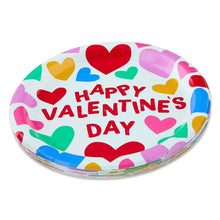 Stack of 9-inch disposable paper plates with multicolor hearts and Happy Valentine's Day text