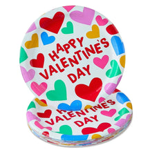 Two 9-inch disposable paper plates with multicolor hearts and Happy Valentine's Day lettering