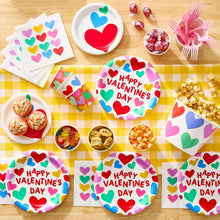 Disposable paper plate set with multicolor hearts and Happy Valentine's Day lettering