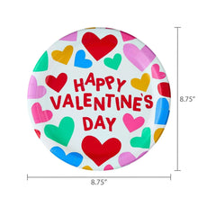 9-inch disposable paper plate with multicolor hearts, Happy Valentine's Day text; 8.75 in