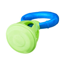 Lime green bell rattle with blue handle ring and round front panel