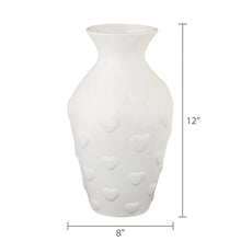 White ceramic heart-pattern vase, 12 in tall and 8 in wide