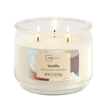 Vanilla scented glass jar candle with three wicks, cream wax and clear container