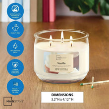 Vanilla three-wick glass jar candle with cream wax and product label on clear jar