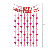 Valentine's Day heart curtain with red-pink hanging heart strings and banner top