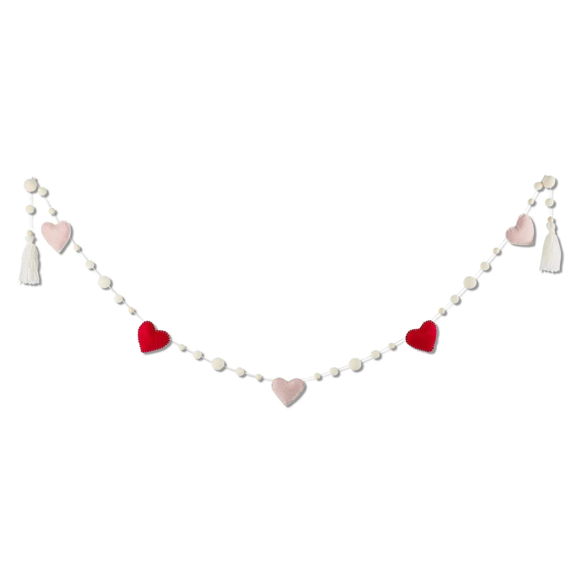 Felt Hearts and Wood Bead Garland, Red, White, and Pink, 6', Valentine's Day by My Texas House