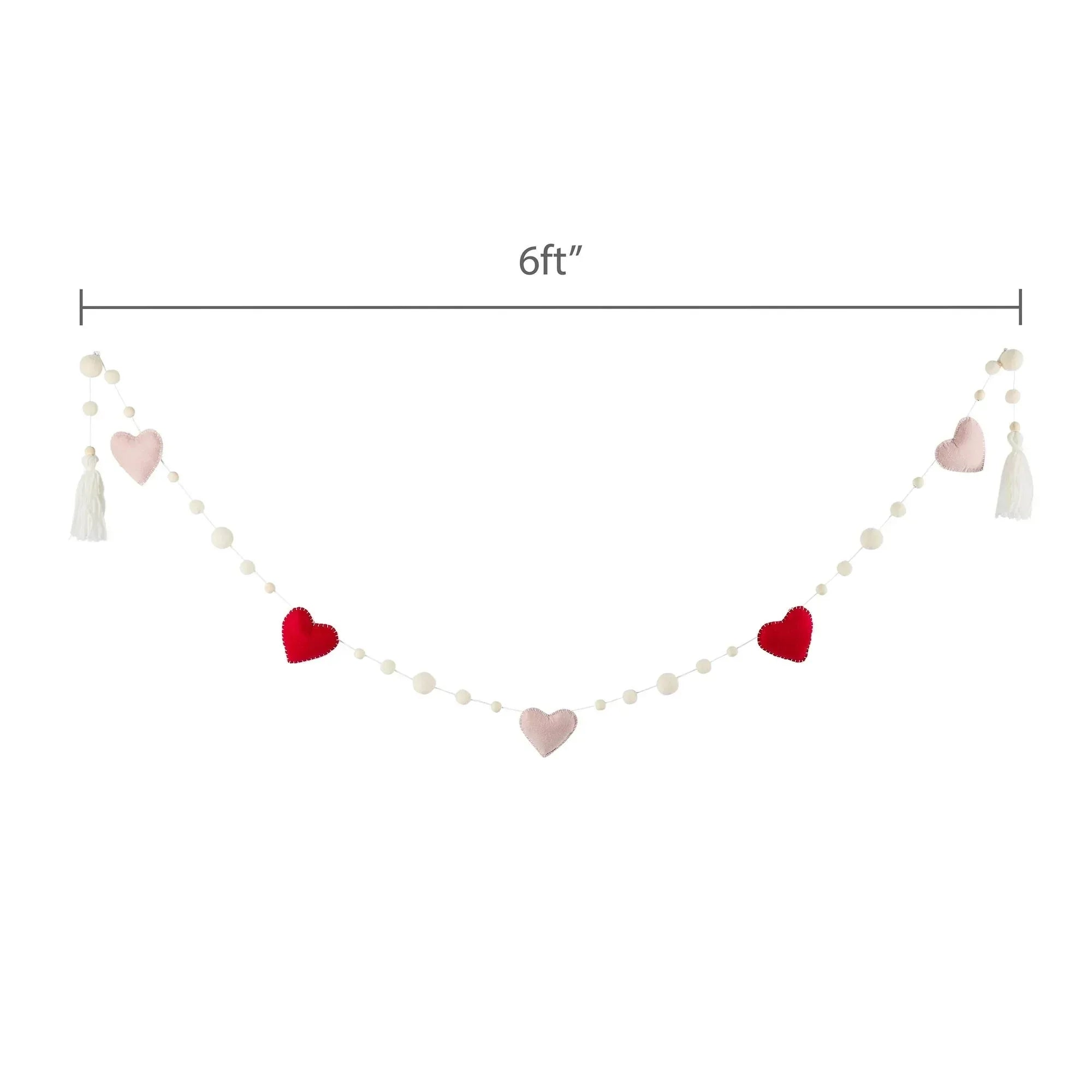 Felt Hearts and Wood Bead Garland, Red, White, and Pink, 6', Valentine's Day by My Texas House