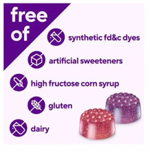 berry gummy ingredients claim card: free of synthetic FD&C dyes, artificial sweeteners, gluten, dairy