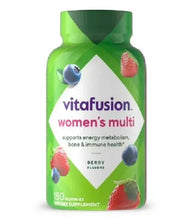 vitafusion women's multi berry gummy bottle, green label with blueberry and strawberry icons