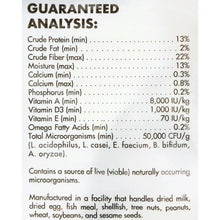 Rabbit food bag guaranteed analysis panel with crude protein, fat, fiber, and vitamins