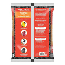 Thistle seed wild bird food bag back, feeding info and nutritional facts panel