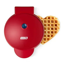 Red heart waffle maker with circular lid and hinge handle