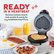 Heart waffle maker with nonstick heart plate open and base visible